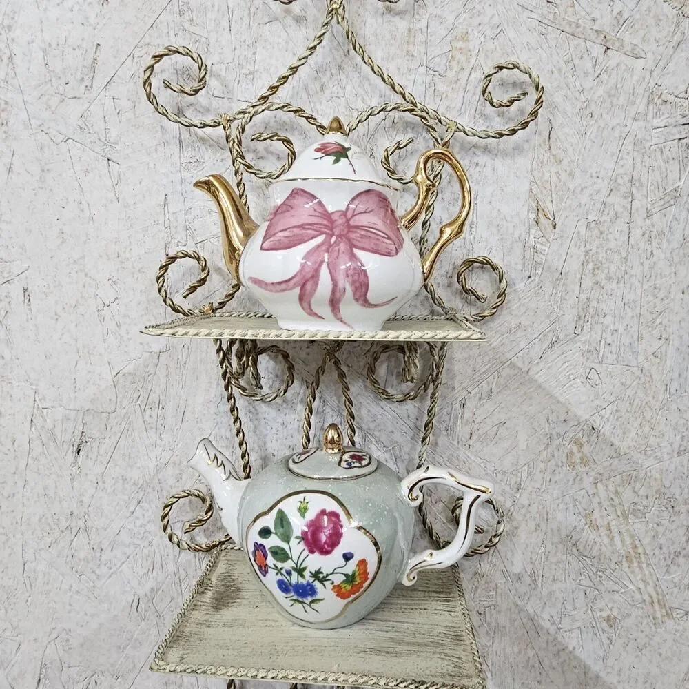 Lot Of 4 Mini Teapots Bow Flowers Coquette Wall Decor Hanger